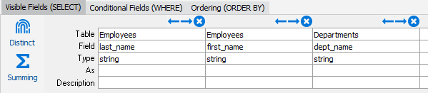 The select clause for the main query. Last name and first name have been selected from the employees table and department name has been selected from the departments table.